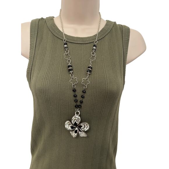 Womens Silver Chain Black Beaded Rhinestone Flower Necklace Statement Event BOHO - Picture 1 of 6